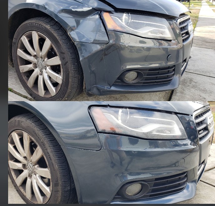 Audi bumper and fender repair before and after at Chino's Auto Repair