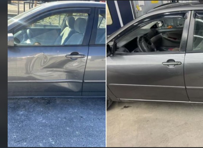 Door dent repair before and after at Chino's Auto Repair