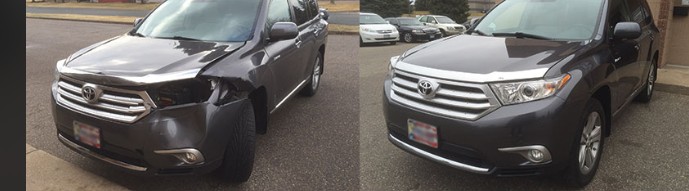 Toyota Highlander front-end collision repair before and after at Chino's Auto Repair