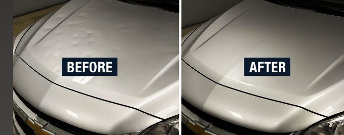Hood dent repair before and after at Chino's Auto Repair