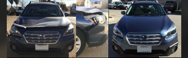 Subaru Outback front-end collision repair before and after at Chino's Auto Repair