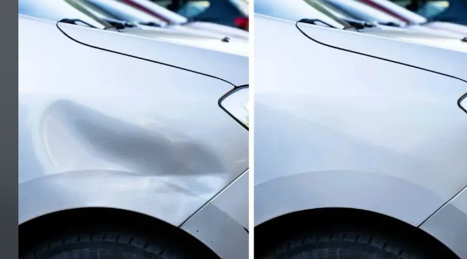 Panel dent repair before and after at Chino's Auto Repair